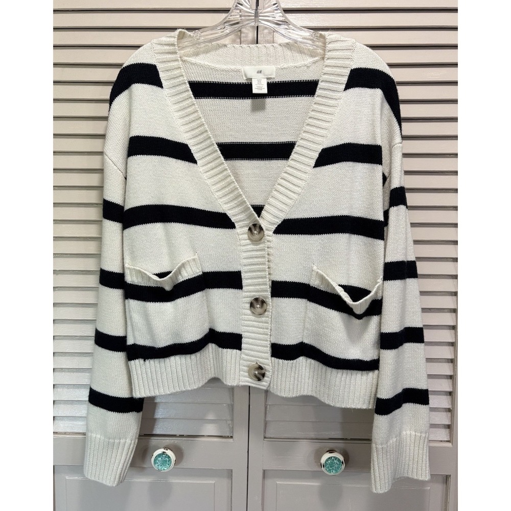 H&M Button Up Striped Oversized Knit Cardigan Size M Long‎ Sleeve Blk/Cream